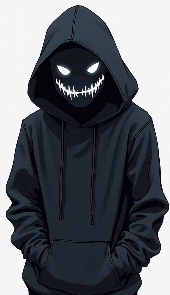 Cyber-demon PNGTuber with a dark, mysterious aura. A shadowy faceless character with glowing white eyes and sharp teeth, wearing an oversized dark hoodie with a large hood. The design is sleek and expressive, with smooth shading and crisp outlines. The character should have a subtle cyberpunk aesthetic, giving off a digital entity or hacker vibe. High-quality transparent PNG, clean cutout, perfect for use as a PNGTuber. Include multiple expressions like neutral, mischievous grin, surprised, and angry to enhance interactivity.