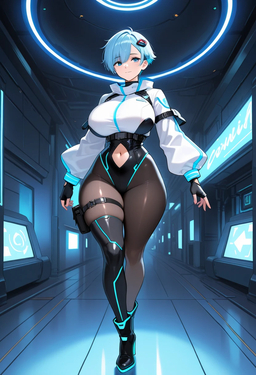 1girl, white skin, light skin, smile, light smile, blue hair, short hair, blue eyes, large breasts, breasts, wide hips, black bodysuit, black clothes, black pantyhose, bodysuit, sleeves, short sleeves, pantyhose, futuristic, science-fiction, neon trim, neon, full_body, ((full body)), standing,