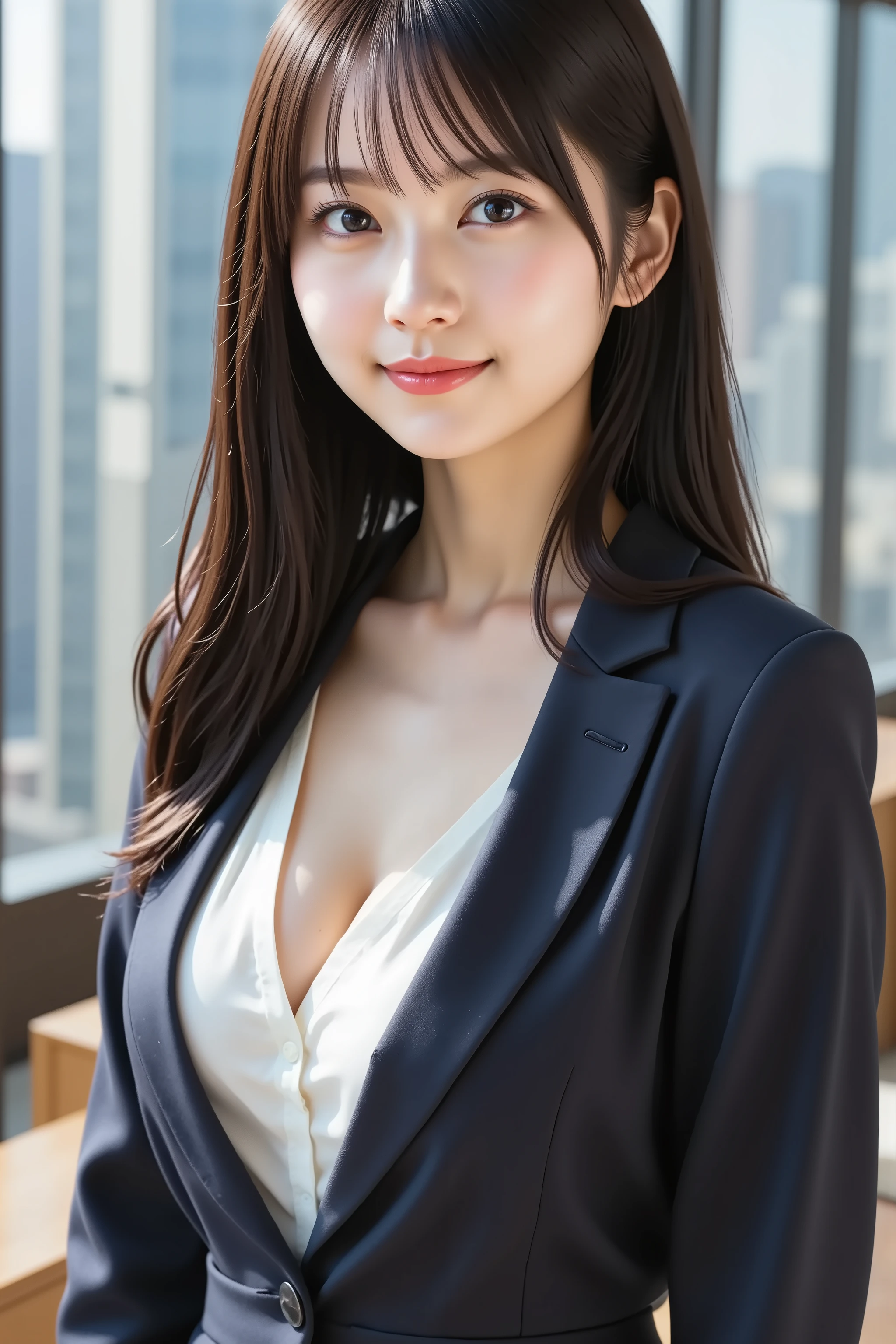big breast, A medium close-up shot, ultra-realistic digital illustration of a charming young Asian businesswoman with large breasts, depicted from the chest up, ensuring her entire head is fully visible within the frame with ample headroom. Her radiant, porcelain-like skin has softly blushed cheeks, complemented by a warm, inviting smile that reveals her teeth. Her large, expressive eyes sparkle with confidence and intelligence, framed by delicate eyelashes and subtle professional makeup.
Her long, sleek black hair is styled professionally, with some strands falling elegantly over her shoulders and soft bangs framing her delicate face. She wears a tailored dark business suit with peaked lapels and a crisp white blouse underneath. The suit jacket fits her generous bust perfectly, with the top buttons of her blouse undone just enough to maintain professionalism while hinting at her curvaceous figure.
A delicate pendant necklace adorns her neck, adding a touch of refined femininity to her powerful business appearance. Her ears feature small, tasteful stud earrings that catch the light subtly.
The background showcases a modern, glass-walled office filled with natural light. Through the transparent walls, a cityscape is visible with tall skyscrapers and urban architecture, suggesting a high-floor executive office. The office environment features sleek, minimalist furniture, enhancing the contemporary corporate ambiance.
The lighting creates a professional yet flattering effect, with soft highlights accentuating her facial features and the texture of her suit. The image is rendered in stunning 8K resolution, capturing every intricate detail from the fabric texture of her suit to the confident gleam in her eyes, ensuring a perfect balance of professionalism and feminine charm.