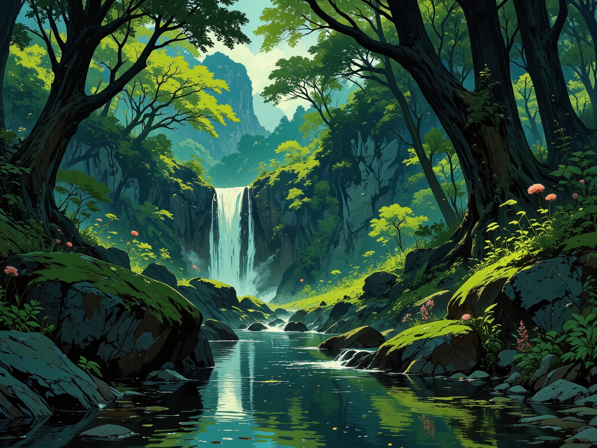 Mysterious forest scene, lush green trees, misty atmosphere, tranquil waterfall cascading down mossy rocks, serene river reflecting sunlight,  (detailed foliage:1.2), (water reflections:1.2),  (soft lighting:1.2),  (dark teal and emerald colors:1.1),  (subtle pink flowers:1.1),  ancient stone formations,  (organic shapes:1.2) ,  waterfall flows into a calm pool,  (peaceful atmosphere:1.2),  (forest floor detailed with rocks and moss:1.2),  (trees of varying heights and textures:1.2),  mid-ground focus,  detailed rock formations surrounding water,  digital painting style,  fantasy aesthetic,  (high detail textures:1.2),  natural light filtering through trees,  (serene landscape:1.2),  photorealistic,  (smooth transitions of color:1.2) ,  8k resolution.