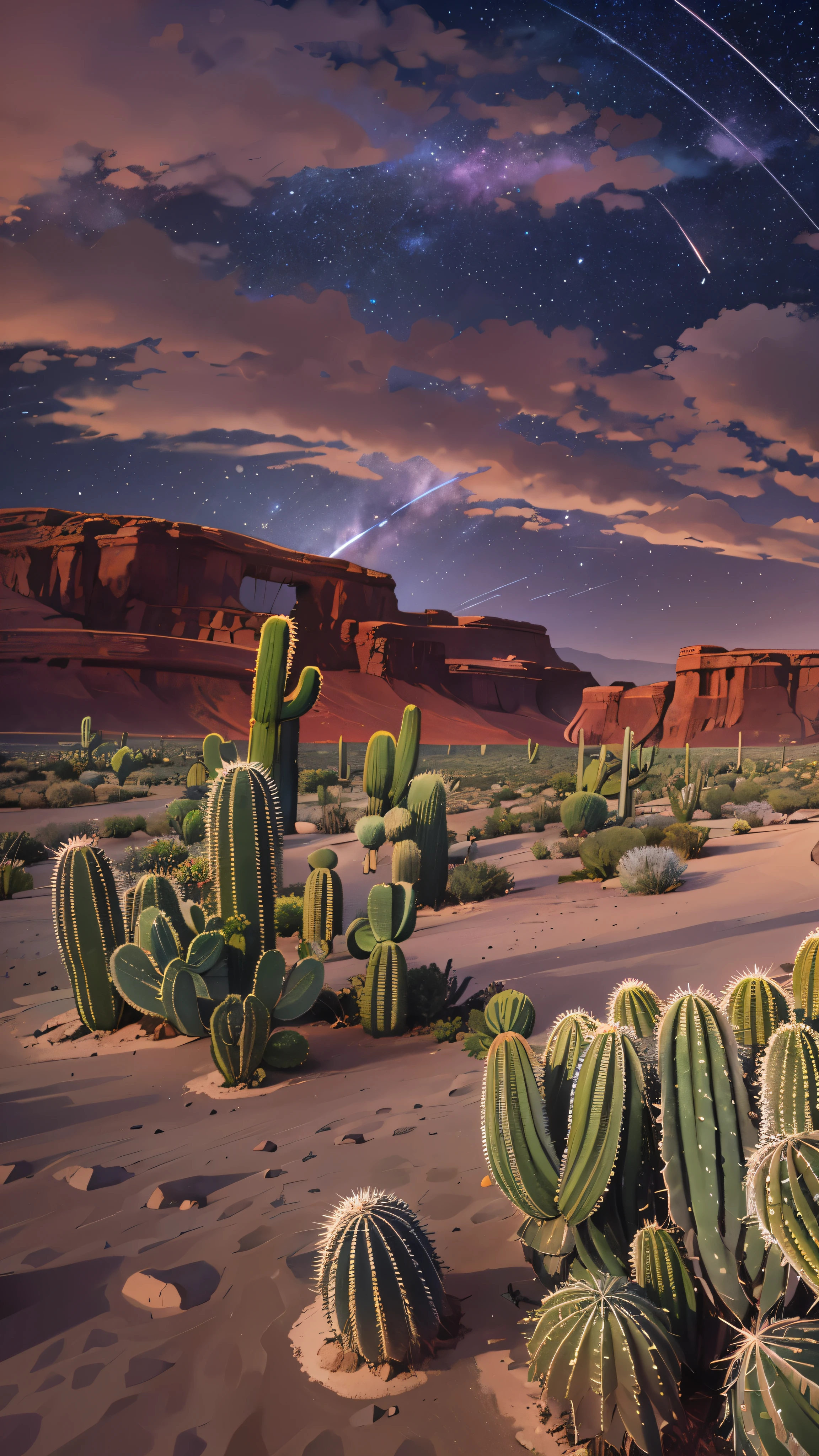  Panoramic high-definition images of the night sky , Spectacular images Beauty ,  midnight sky、 Incredibly beautiful night sky  ,  The stars in the night sky harmonize with exquisite deserts and cacti, （Stars are the protagonists ）Depth of field effect  ,  An imaginative starry sky ,  fantasy,  High End Color Matching  ,  Baja California Peninsula  ,Shooting stars with colorful tails ☆、  Spectacular , Four Corners, 16k、 Milky Way in the background 。