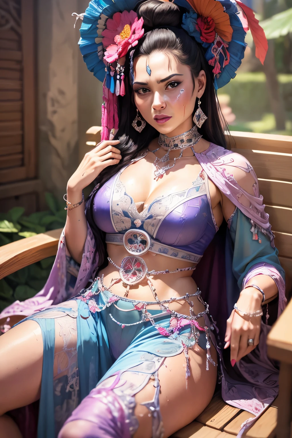a woman, freckles, violet eyes, black twin hair, hair, blue skin, shining amber eyes, fairy extracting essential oil from a rare plant, in a terrarium, crystal Gothic castle, mithril towers, phoenix, shiny skin, flawless skin, fair skin, jewelry, light blush, stunning anatomy, slim waist, chest, wide hips, seductive grin, solo, gaze at the viewer, direct eye contact with the viewer, attractive smile, playful and flirtatious behavior, soft and inviting gaze, flirtatious smile, warm and accessible gaze, confident but playful pose, surreal scenery, rich and bright colors, intricate details, elements of nature and fantasy, diffused lighting, striking contrasts