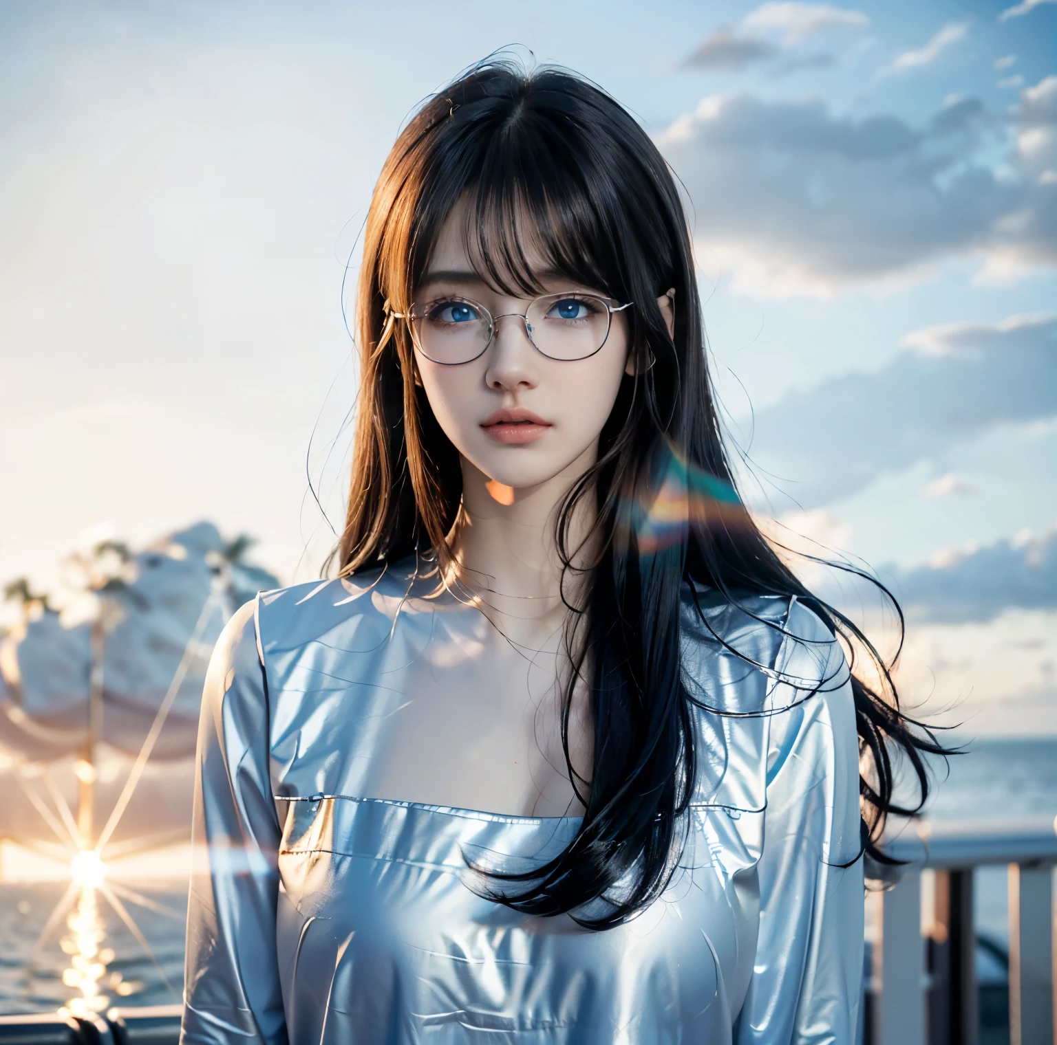 8K quality, pictures, Two beautiful men and beautiful women, Beautiful like a goddess, The backlight of the intense sunset is dazzling, Above chest, (A shirt with no exposure at all:1.2), (Fine silver glasses:1.2), (Brilliant, beautiful, bright blue eyes:1.2), (Beautiful hair blowing in the wind), (White Porcelain Whitening Skin), Half up with bangs, is very big, Photograph,