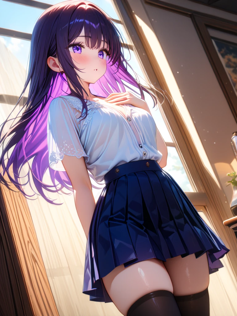Super detailed, NSFW, masterpiece, High resolution, Highly detailed anime art, Cinematic lighting, (((1 girl, perfect anatomy))), accurate right hand, accurate left hand, five fingers, perfect style, Detailed face, Fern, purple eyes, glossy lips, cute face, purple hair, shiny skin, smile, Pure white long sleeve blouse, pure white long skirt, Very long skirt, Naughty nipples, naughty pussy, Flowing hair, Show off your crotch, Sunset, Body line silhouette, Fantasy art,