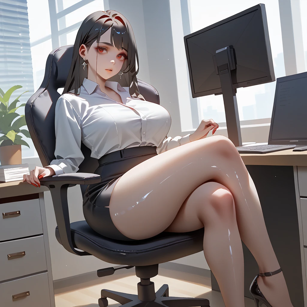 realistic pictures、Super high quality、real person、Mikako Tabe、18-year-old、Real Portrait、Office Lady、Tight Skirt、super mini skirt、ponytail、light blue blouse、Bra Line、white bikini panties、sitting、from the front、spread her legs,show white panties,beautiful camel toe、beautiful thighs、beautiful bare feet、Crotch open showing panties、beautiful panties、(indoor modern office/),bangs, gentle smile, (A masterpiece of the highest quality:1.2) super detailed, big breasts