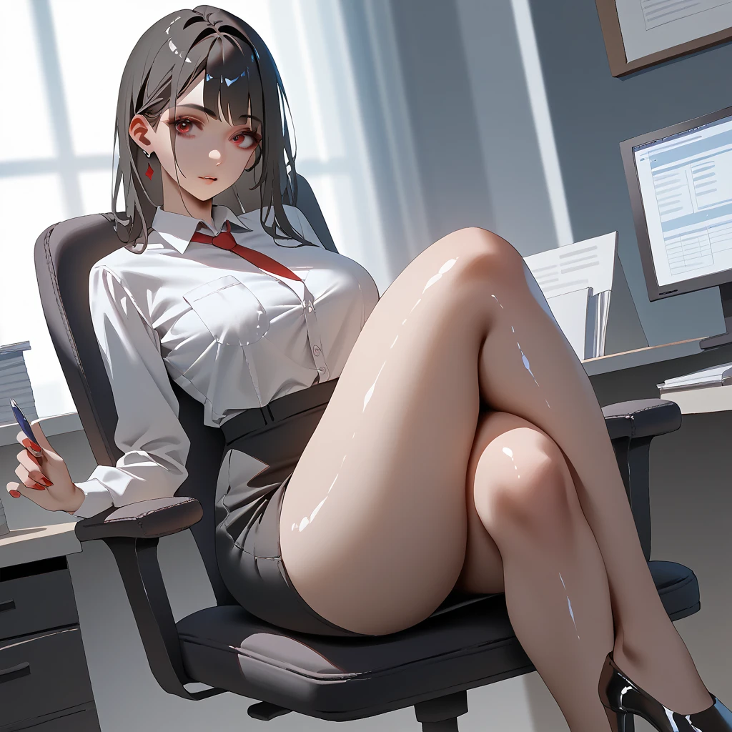 (best quality:1.2,masterpiece:1.2),solely,1girl,Miku Nakano,serious,closed mouth,looking at the viewer,hand on face,sitting,crossed legs,button-up shirt,tied-up skirt,stockings,thick thighs,big breasts