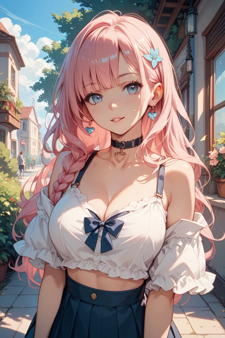 perfect big breasts, ((beautiful 19 year old girl))((long wavy pink hair with heart necklace, hair over one eye)) light blue eyes, light effect on eyes, detailed iris (detailed background), detailed landscape , 1 girl, alone, skirt, shirt, cleavage, bare shoulders, jewelry, clavicle, white shirt, exterior, necklace, shoulder to shoulder, ((masterpiece, hyper-realistic, hyper-detailed, best quality, 16k, effect of light and shadow on the skin, vivid colors)) shy smile, flirting with the viewer, garden, rose petals, she is in a dynamic pose exuding passion, beautiful, hand on her face