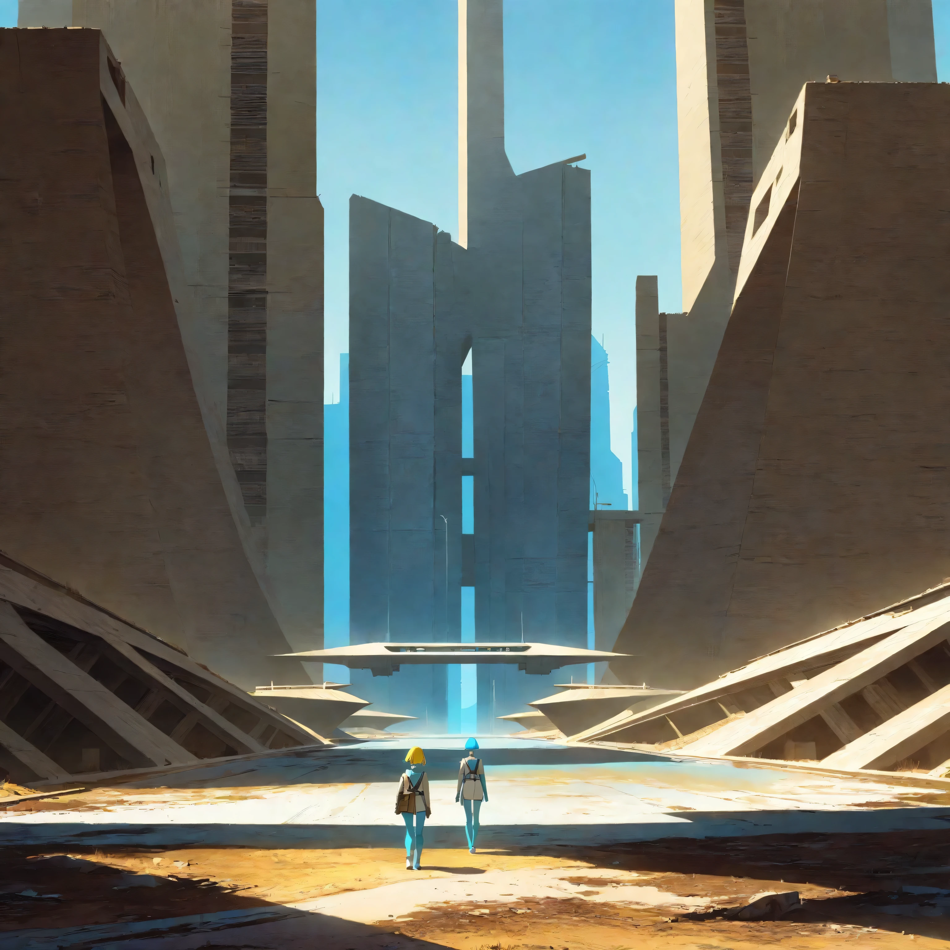 a futuristic landscape in the illustrative style of french illustrator Moebius, (blues, yellows), brutalist architecture, brutalism, retrofuturistic, french retro, retrofuturistic car, a young girl in a white tunic, yellow hair, blue eyes, (((blue skin))),