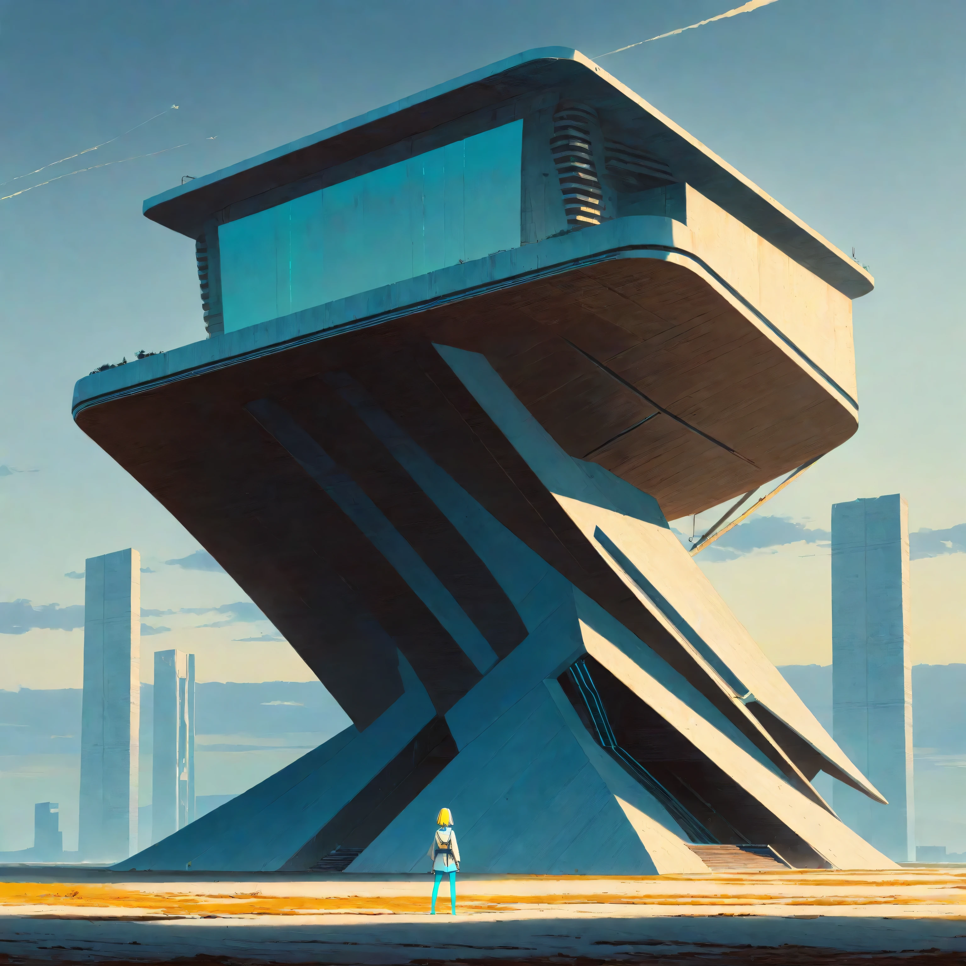 a futuristic landscape in the illustrative style of french illustrator Moebius, (blues, yellows), brutalist architecture, brutalism, retrofuturistic, french retro, retrofuturistic car, a young girl in a white tunic, yellow hair, blue eyes, (((blue skin))),