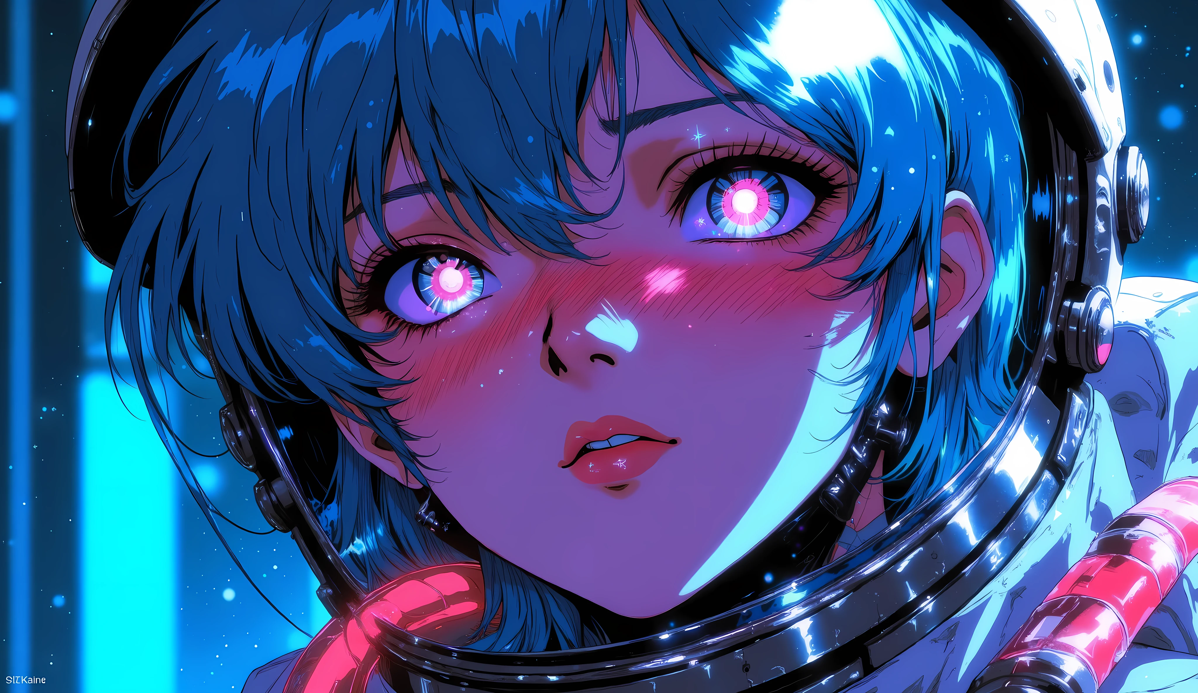 Close-up of an improved masterpiece:1.5)0.9], ( Space and Astronauts:1.2) (Messy silver hair:1.1) ( heterochromia: xanthochromia and blue eyes:1.2) (Space helmet:1.0) (Colored stars in their eyes:1.0) (A radiant glow:1.1) (thick lips:0.9), neon, rays of light,
