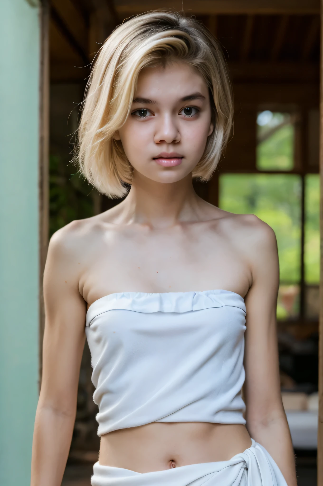 ((Femboy)), Shorthaircut Stylish, adorable, 1 femboy, (face to face), (sad face expression), half body portrait, (face details: 1), (eye details: 1), ((Tiny breasts)), Cute posed. proportional body. Ultra High Res. realistic: 1.4, UHD, (perfect sarong white strapless:1.3) (half body portrait:1.1) thong G-string white