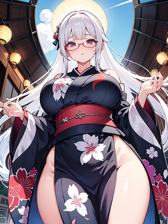 a very feminine japanese anime girl in some very provocative undies, 1girl, solo, breasts, stomach, smile, navel, twintails, long hair, thigh strap, blue eyes, looking at viewer, bare shoulders, long sleeves, grin, open clothes, underboob, gigantic breasts, paper lantern, thighs, pelvic curtain, off shoulder, white hair, lantern, chinese clothes, halo, floral print, very long hair, cup, sleeveless, standing, (groin:1.4), (windy:1.4),