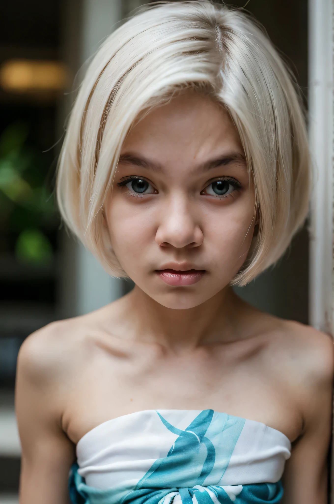((Femboy)), Shorthaircut Stylish, adorable, 1 femboy, (face to face), (sad face expression), half body portrait, (face details: 1), (eye details: 1), ((Tiny breasts)), Cute posed. proportional body. Ultra High Res. realistic: 1.4, UHD, (perfect sarong white strapless:1.3) (half body portrait:1.1) thong G-string white