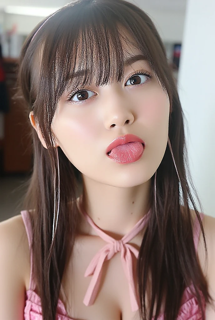 (Highest quality 8k, Masterpiece, Super detailed, Ultra fine, All the details, Ultra-high resolution, Fine details, Best Shadow, Photorealistic photography, Ultra-realistic, Very delicate and elaborate skin, High resolution 16K close up of human skin, Use natural light and colors, Perfect Anatomy, Highly detailed and realistic human lips, Highly detailed and realistic human eye, )、Standing against the wall in a barren elevator、Wear a uniform、Little devil blonde gal、in front, above、Facing forward、(Tilt your face and lift your chin:1.6、Make eye contact), (Downward-facing eyes:1.4、looking at the camera)、(abyss、Panting、Heartbreaking、Watery eye、fear、Distorting facial expressions、Bad Dreams)、(Extreme Focus、Extreme face zoom close up、Facing forward、Top-down perspective)、Overflowing breasts、((Tied to a dog collar、))、cute、Crafty、Ahegao、squint、(Big crisp eyes、Very droopy eyes:1.6、double eyelid、Natural Makeup、Pink eyeshadow on the lower eyelid、Glossy Lips、A translucent red peach lip)、(Focus on the eyes and mouth, Open your mouth wide and close your eyes、Asymmetrical eyes、Eyelid opening and closing )、Realistic nostrils、Elongated C-shaped nostrils, Sweaty skinを強調する、Sweaty skin、Sweaty hair、(Brow wrinkles)(Please extend your tongue as far as possible.、Unbroken tongue、Normal tongue)、しっとりとしたWatery eye、Deep Kiss、((Thin eyebrows))、Glowing Skin、double eyelid、Wet and shiny tongue