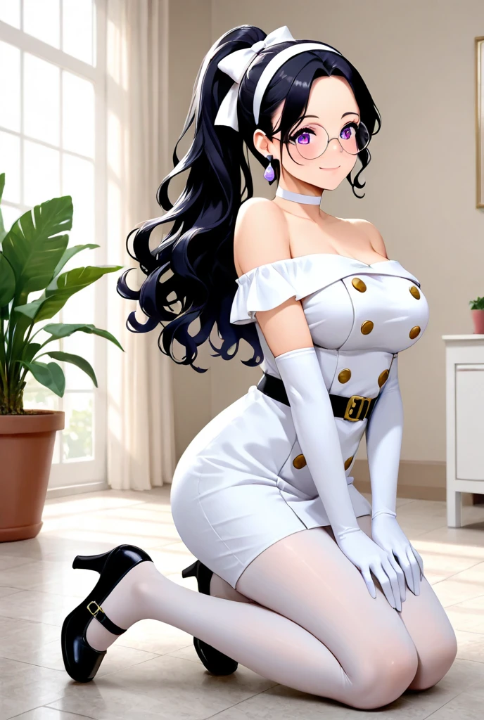 A black-haired, muscular, big-breasted mature woman with glasses and cat ears wearing a pink tube top, white leggings that expose her breasts, white boots, white gloves, and a gentle smile.