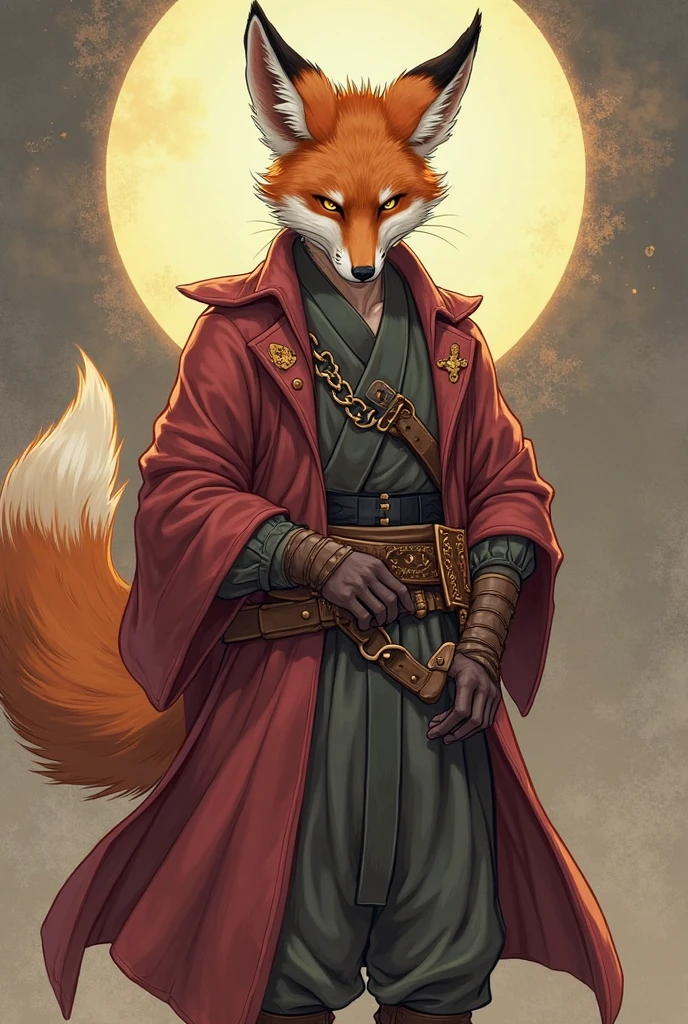 character for dnd, kitsune grimoire on his belt in the form of a human, full length, who has a, he should show that he is a merchant. He is very cunning and should have fox eyes and ears and a tail. in the anime fantasy style like a freeren seeing you off on his last journey