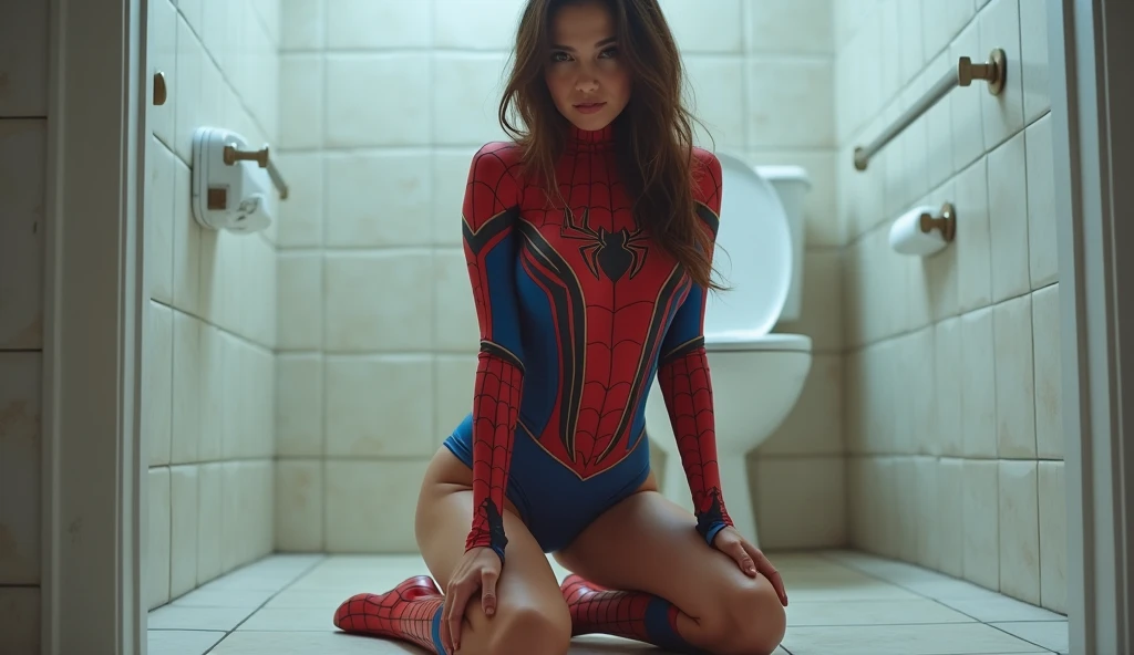 beautiful brunette girl wearing spiderman cosplay costume looking cute posing half naked
