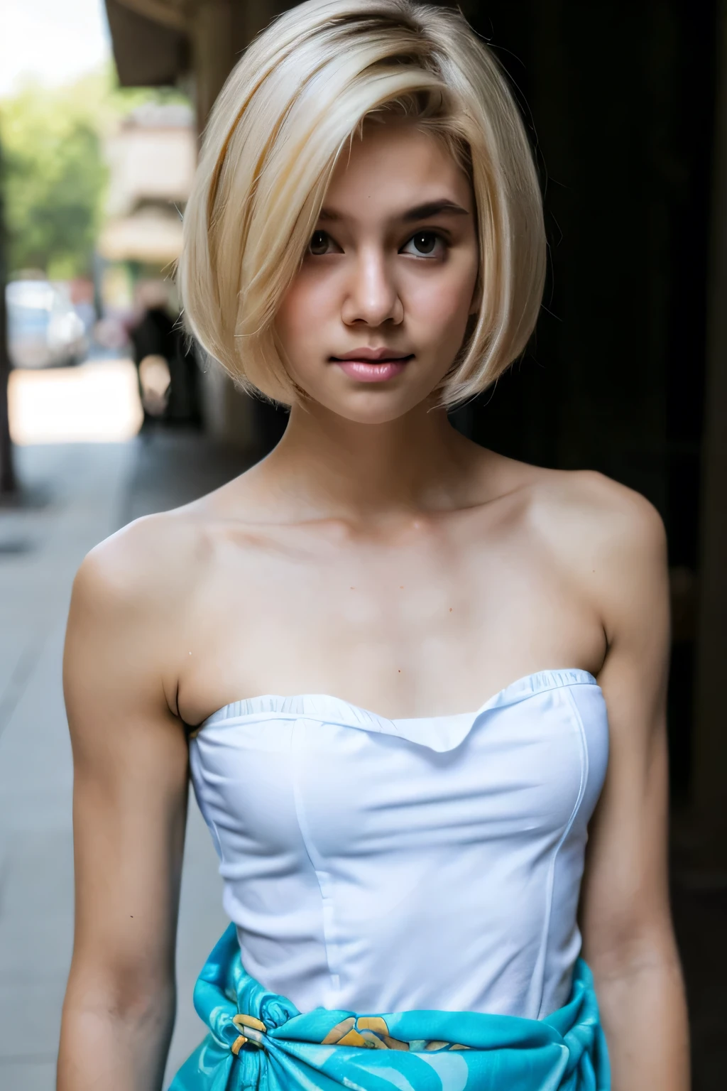 ((Femboy)), Shorthaircut Stylish, adorable, 1 femboy, (face to face), (sad face expression), half body portrait, (face details: 1), (eye details: 1), ((Tiny breasts)), Cute posed. proportional body. Ultra High Res. realistic: 1.4, UHD, (perfect sarong white strapless:1.3) (half body portrait:1.1) thong G-string white