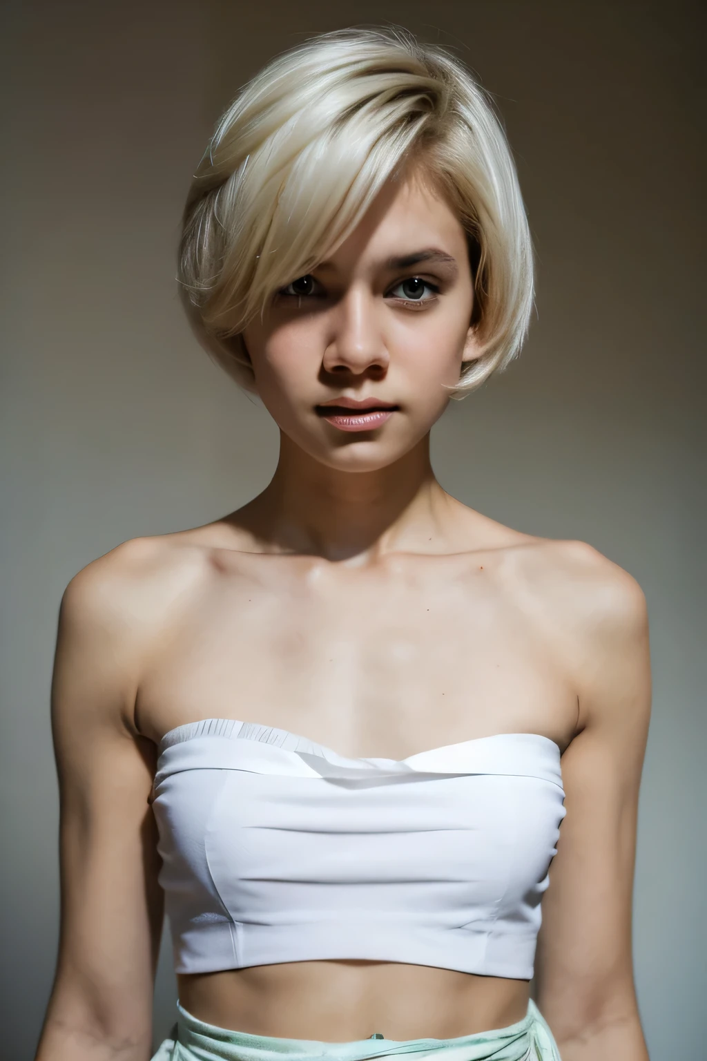 ((Femboy)), Shorthaircut Stylish, adorable, 1 femboy, (face to face), (sad face expression), half body portrait, (face details: 1), (eye details: 1), ((Tiny breasts)), Cute posed. proportional body. Ultra High Res. realistic: 1.4, UHD, (perfect sarong white strapless:1.3) (half body portrait:1.1) thong G-string white
