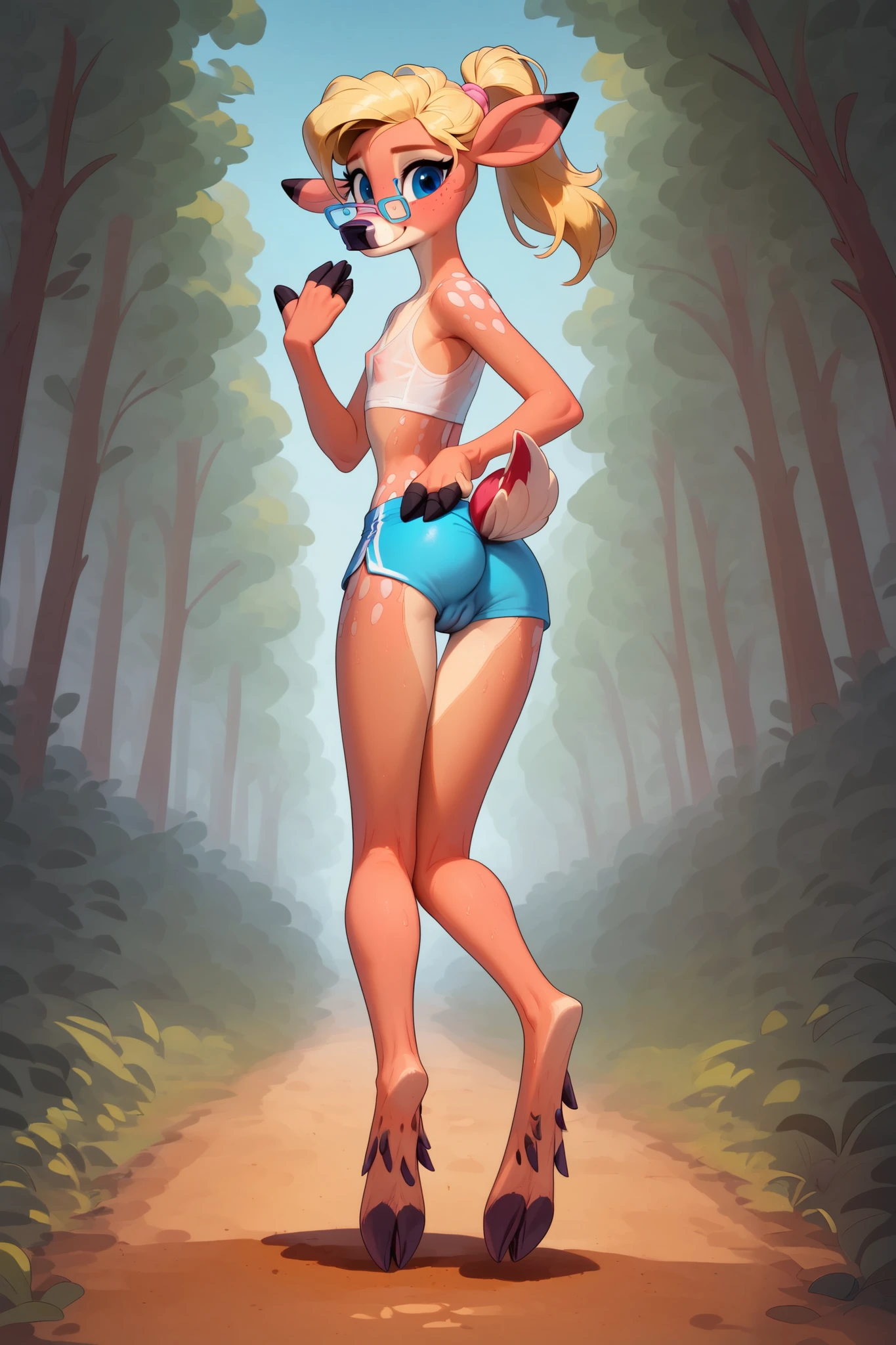 score_9, score_8_up, score_7_up, looking at viewer, smile, (face focus, eye focus), solo, freckles, young female, 9yo, skinny, detailed skin, sweaty, sheer see-through tight slutty cropped tanktop, (perfect), microwaist, small ass, tight shorts, skimpy blue stripe running shorts, shorts pull, teasing, tease, sexy, blonde hair, ponytail, big pretty blue eyes, innocent eyes, sexy, long lean legs, showing pussy, cameltoe, (puffy pussy), ultra detailed pussy, open pussy, cute ass, deer hooves feet, art by loimu, 9yo, ((tween)), playful, forest path, dirt path, sunny day hike, holding your hand,
concept art, cell shading, masterpiece,
detailed face, beautiful, provocative, happy,
(anthro deer:1.5), deer tail, hooves, hooved feet, glasses
