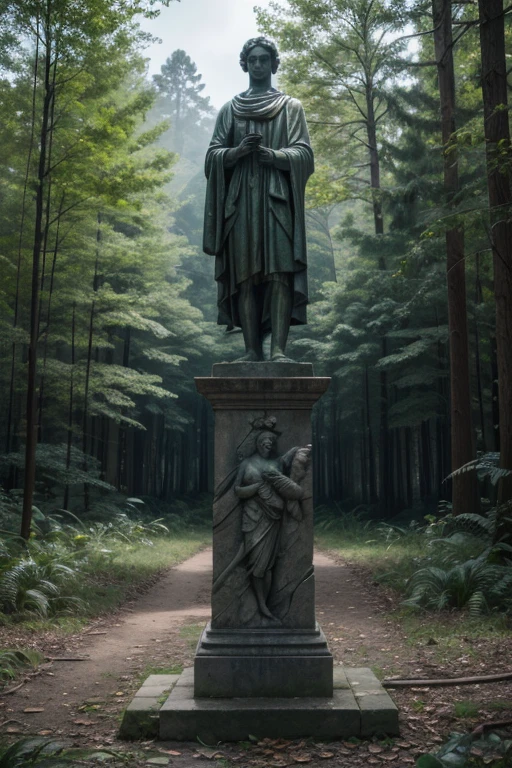 There is a stone statue in the middle of the forest, Unreal Maya, promotional movie still, author：Simon de Vlieger, 废墟, author：Victor Manuel Garcia Valdes, aspect ratio 16:9, PS 3 graphics card, quetzal, cinematic Film still from, cinematic Film still from, Inspired by James Cardenhead