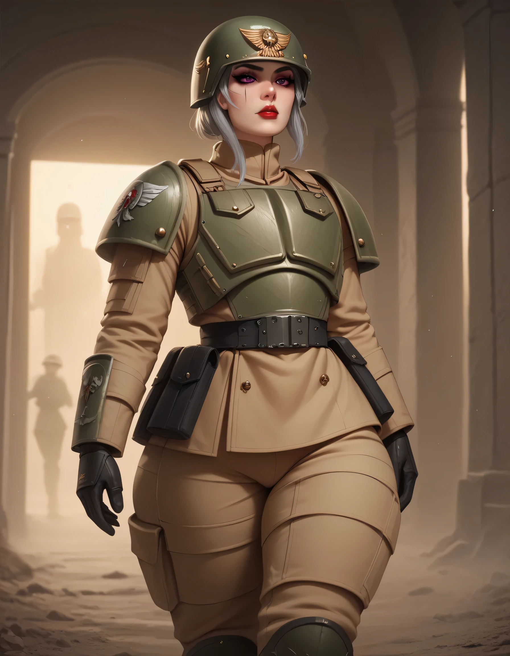 solo, male, femboy, femboy, hourglass figure, feminine body, thick thighs, thick ass, wide hips, long ash-gray hair. soft-pink eyes makeup and red lipstick. astra militarum, armor, tight pants, helmet cadian
holding lasgan, masterpiece, best quality, trench, war