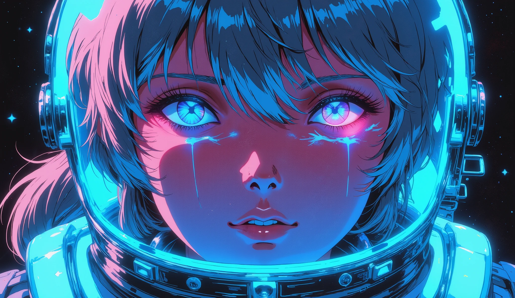 Close-up of an improved masterpiece:1.5)0.9], ( Space and Astronauts:1.2) (Messy silver hair:1.1) ( heterochromia: xanthochromia and blue eyes:1.2) (Space helmet:1.0) (Colored stars in their eyes:1.0) (A radiant glow:1.1) (thick lips:0.9), neon, rays of light,