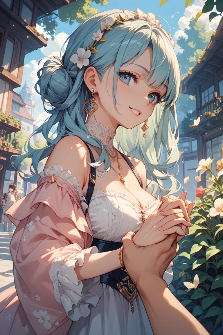 (((best quality, sharp image, clear image, cinematic lighting, 8k resolution, masterpiece, ultra detailed, intricate))) Girl, cute, intricate dress, braided hair, smiling,pastel pink, pastel blue, ((intricate background)), (flower frame), portal,sideview