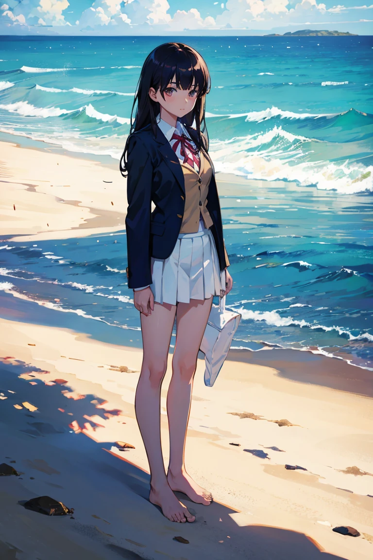 (masterpiece), (best quality), (ultra-detailed), (best illustration), (best shadow), (absurdres), Female, 25 years old, steam, nsfw, shy, medium breasts, nsfw, serious, panties, sea, light smile, wet, wet hair, Female, serious, ocean, sandy beach, wet clothes, suit, suit skirt, lying on back on sandy beach,