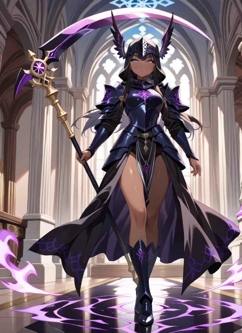 greeneyes, and black hair, the archer, wears black armor made of dragon scales, with gold and silver details. The breastplate has an emblem of a black flame intertwined with a ray of golden light.. The imposing shoulder pads resemble dragon wings, adorned with shining gems. Leather bracers reinforced with scales and glowing runes run down the arms. Black leather gloves with silver metal reinforced fingers and rune markings on the palms. The skirt is made of leather reinforced with scales, with greaves carved in silver and gold on his legs. Sturdy boots reinforced with dragon scale plates and small retractable heel blades. Helmet adorned with dragon horns and gold details, with display decorated with glowing runes. She wears a long black cloth cape lined with dragon scales.. His bow shines with a golden glow and has dragon horn ornaments on the ends., with a magic rope