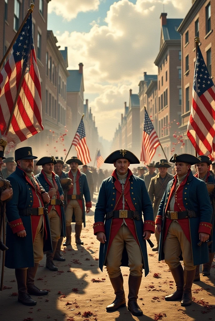 Depict the scene depicted in this image of the American Revolution, highlighting the elements that symbolize the struggle for independence and the revolutionary spirit of the period."