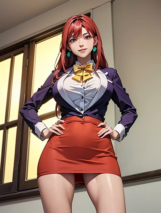 (high quality:1.2), intricate detailed, digital art, TakashiroHiroko, 1girl, mature female, solo, hand on hip, holding book, cowboy shot, looking at viewer, smile, blush, purple eyes, long hair, red hair, earrings, jewelry, teacher, blouse, bowtie, blazer, pencil skirt, thighhighs, curvy, large breasts, school, window, sky, sunlight, city, complex background, sunset,((3/4 perspective, three-quarter perspective))