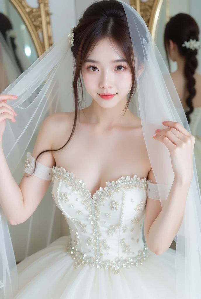 8k, Ultra-high resolution, Highest quality, masterpiece, 三分割法によるphotograph,Surreal, photograph, 1 Girl, (16 years old:1.3), pretty girl, Cute Face, Beautiful eyes in every detail, 細かくdetailedに,masterpiece,One Girl:1.2,Japan Female Teachers,extream close up,sad,light smile,Long black hair,Straight long hair,(印象派の美しい少女のPortraiture),(Impressionist light and colour), (Gray background:1.3),(White Wedding Dress:1.3),(Fairy, bride, Shiny Hair, Beautiful dark eyes, So cute and beautiful,16 years old, ), (smile:0.8),Sharp contours,Looking down, (Wedding Veil,White lace), Light from above, (Side view),, Perfect and beautiful face ,完璧でCute Face, Skin with attention to detail, Perfect limbs、Narrow waist,Looking at the audience,(((Ideal body type))),A cup small breasts :2,Portraiture:2,Perfect Anatomy,鮮明なdetailed,detailed,Surreal,Light and shadow,glowing