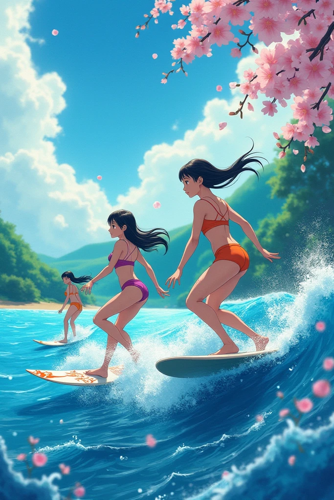 Three bikini girls surfing side by side on a moonlit night。