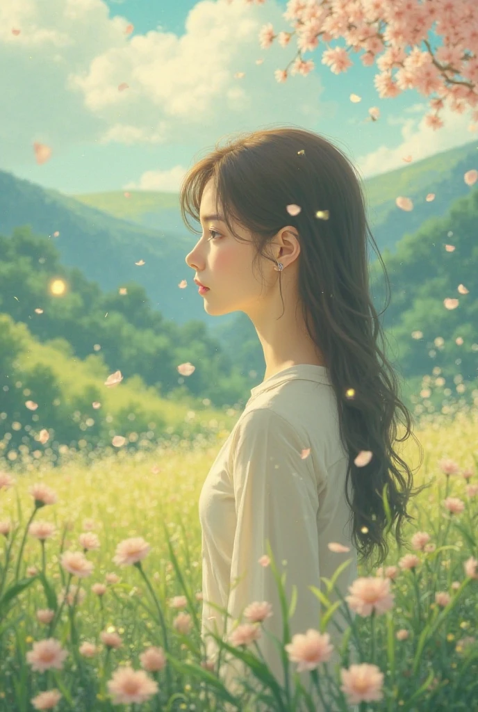 (PEPencilDrawing:1.4), Lonely flowers and blue sky、Autumn sky and beautiful cosmos flowers、Landscape photo of the vast cosmos flower field、（View from below with a view of the sky and the wilderness below）、Girl looking up at blue sky、Draw a big picture of the sky、masutepiece、top-quality
