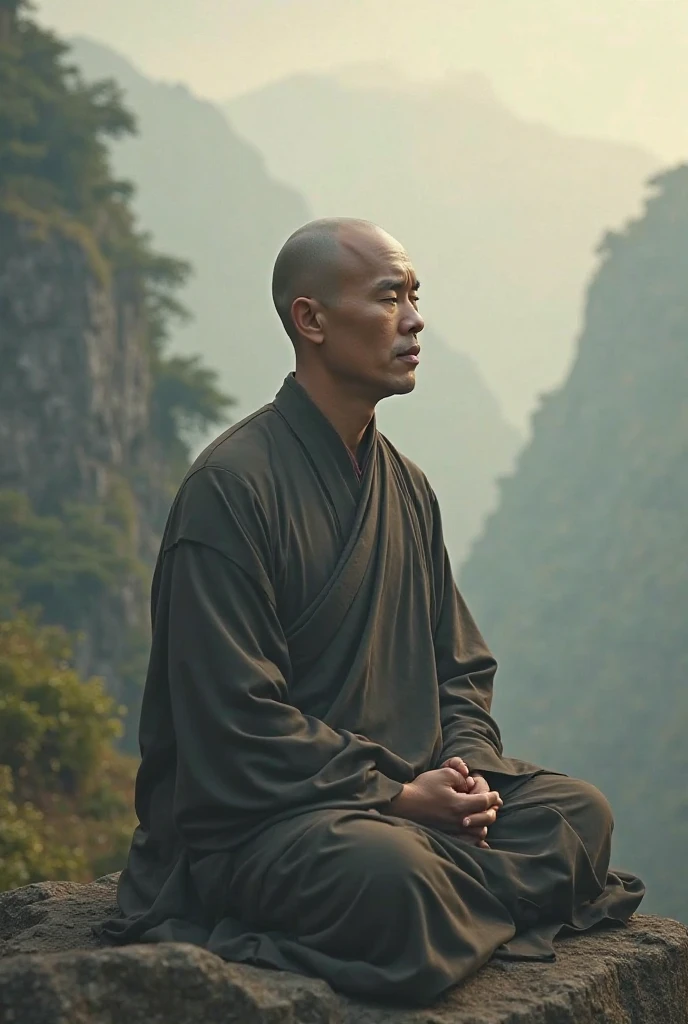  A high-quality image of a strong Buddhist monk sitting in profound meditation in the middle of a dense forest. The monk is muscular with a shaved head, wearing no top showing reallybig muscle. He is seated in the lotus position on a large, moss-covered rock. 