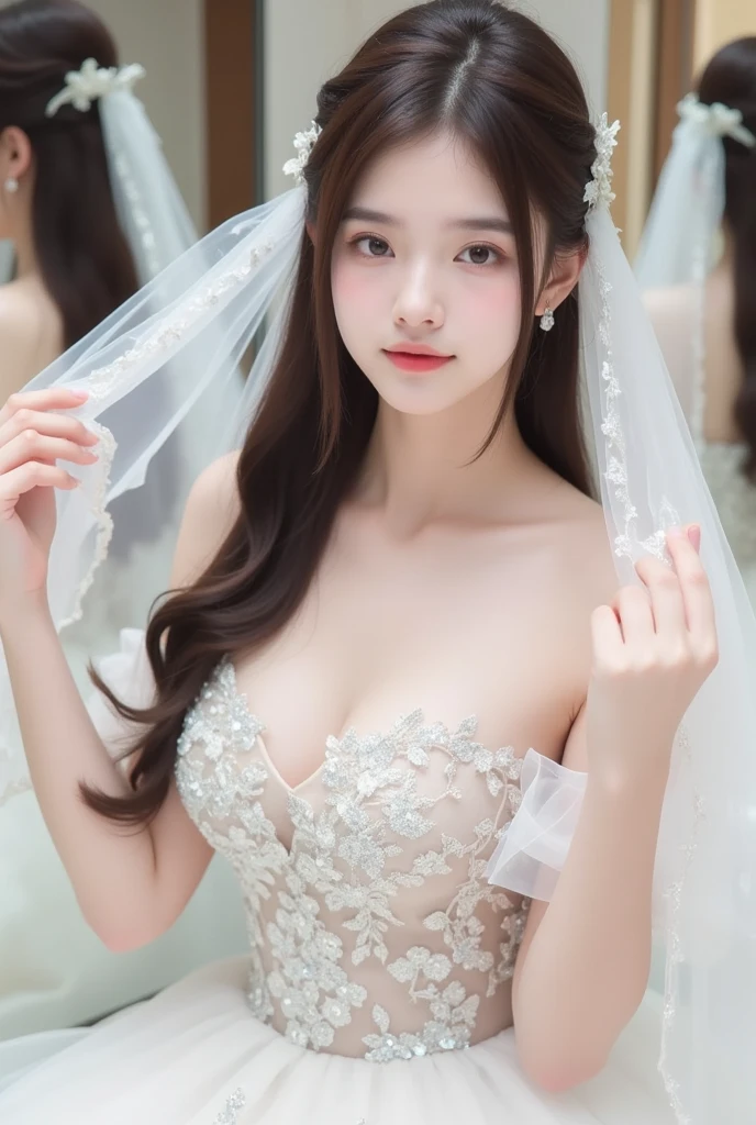 (highest quality、Tabletop、8k、Best image quality、Award-winning works)、One beautiful bride、(alone:1.1)、(The most extravagant and gorgeous huge pure white wedding dress:1.1)、(Perfect Wedding Lace:1.2)、(The most extravagant and luxurious giant tiara:1.1)、(The most extravagant and luxurious giant necklace:1.1)、Cleavage、Wedding dress with open chest、chest wide open、The most beautiful smile is looking at me、A wide selection of the finest jewelry Perfect Make、Long eyelashes、Ultra HD Shining Eyes、Ultra HD Hair、Ultra High Resolution Glossy Lips、Ultra High Resolution Perfect Teeth、Beautiful face in ultra-high definition、(Accurate anatomy:1.1)、Very bright and beautiful skin、very bright and vivid、(Strongly blurred fresh natural background:1.1)、The sunlight is beautiful through the trees、(Slender body:1.1)、Big Breasts、Biggest toothy smile