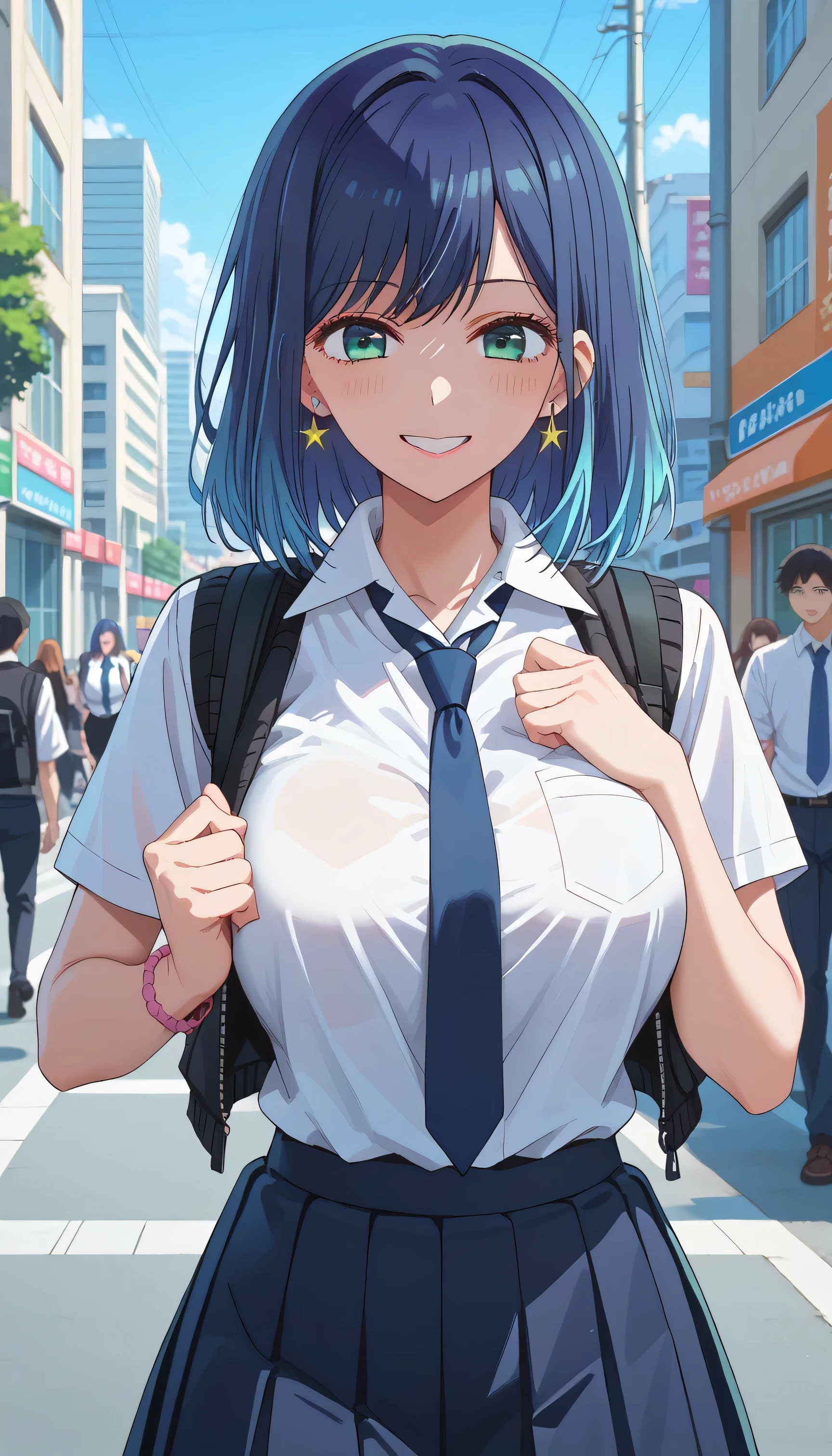 akane kurokawa, bangs, green eyes, blue hair, medium hair, dark blue hair, earrings, ear piercing, multicolored hair, score_9, score_8_up, score_7_up, source_anime, masterpiece,best quality, huge breasts, flash gyaru, shirt, school uniform, white shirt, necktie, collared shirt, vest, blue necktie, skirt, blue skirt, outdoors, city streets, sensual pose, cowboy shot, smile