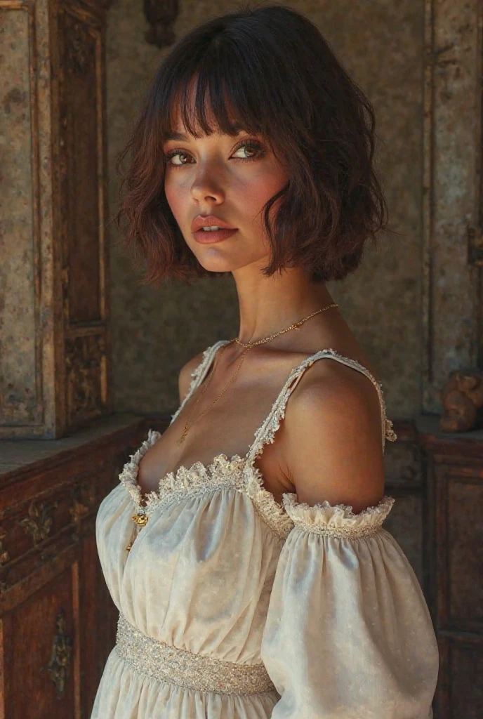 (wonder woman clothing)，Stick together，Cuddle together，Grab your chest from behind，scowling，((Short hair in layers))，Coiled hair，hair-bun，Bangs on both sides，(A half body，Close-up)，Skinny and small，beautidful eyes，Super detailed face，Beautiful woman，Tight and thin waist，Celebrity，Raised sexy，(inside in room，Couples hotel，Cover your breasts with your hands，Place your hands on the breasts on your clothes，Pinch your breasts through your clothes，Grab the breast through the clothes，Squeezing the breasts through clothing)，Sharpen，Front light，twincest