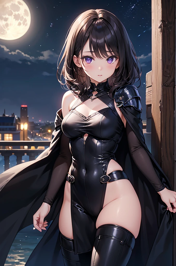 1girl, solo, dangerousbeast, elbow gloves, gloves, wolf tail, Super beautiful girl, (medium black hair, forehead:1.3), glasses, embarrassed, pretty blush, fishnet suit, small breasts, thin waist, bare limbs, professional lighting, best quality, masterpiece, ultra detailed, captures a super cute moment, depth of field, ultra high resolution, fine details, 16k wallpaper, outdoors, brown hair, small breasts, blue eyes, long hair, standing, night, buildings, night sky, looking at viewer, starry sky, stars,