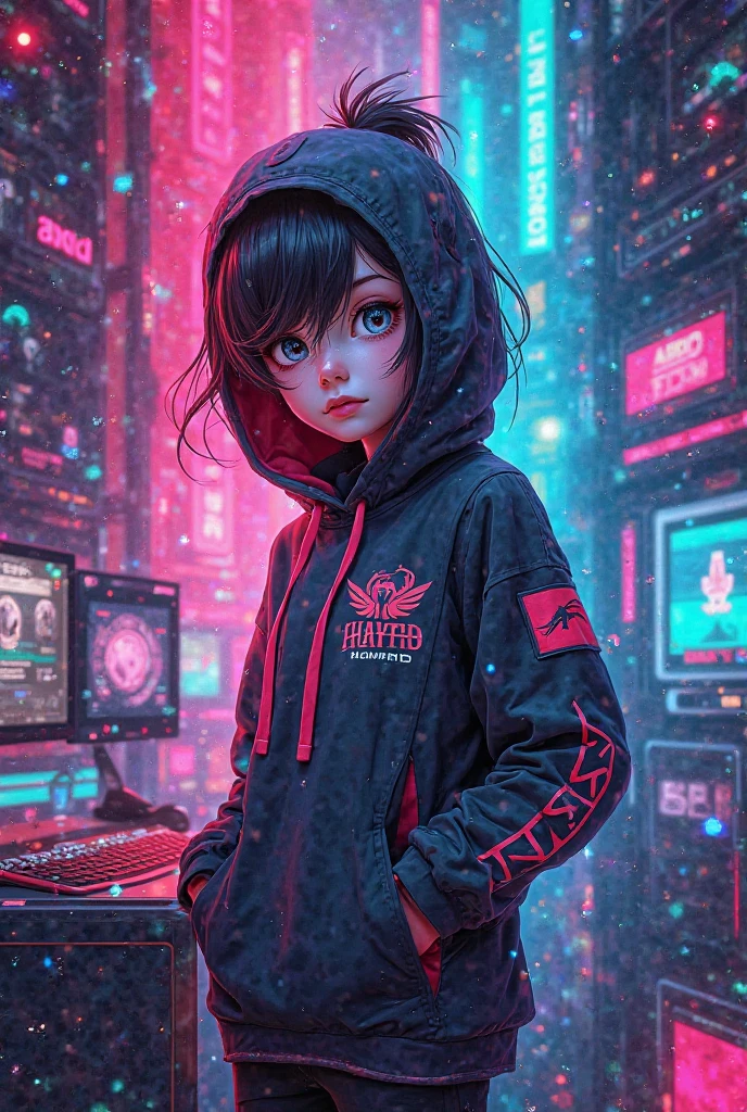 futanari ghost girl, white skin, hyper breasts, hyper ass, thick thighs,Bob haircut with bangs,hair Electric blue color , neon green eyes with pupils in the shape of game crosses,Black sweater with V cut,Sweater with a gamer message that says Game Over,using some Leggings with gray mesh details and neon details,Blue leather boots with high heels, wearing gamer headphones,Background in a gamer room,While standing, a large bulge between his crotch,Cross-shaped pupils of a console controller,1 girl,Wearing leggings with gray mesh details and neon details