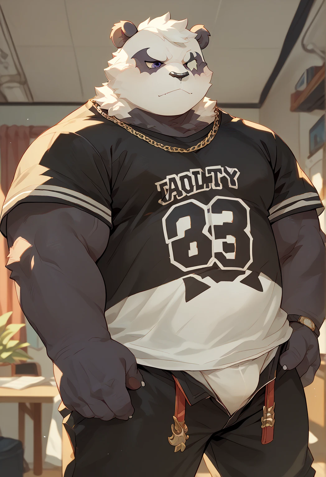 Jie is a man resembling a blue bear with whiskers on his face, wearing a red and white necklace with a yellow key attached to the necklace, chubby and Jie is a character in "full attack"