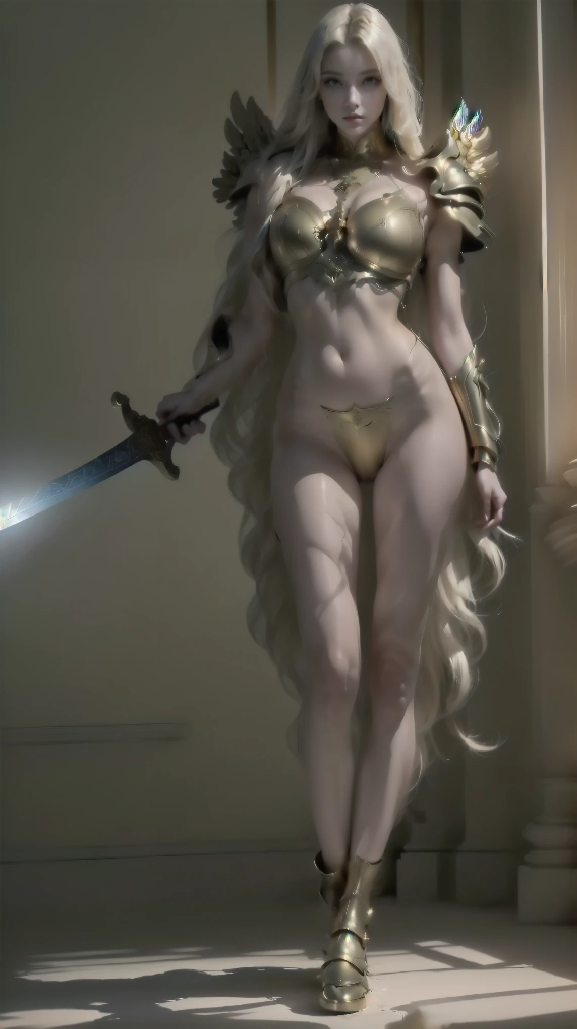  a woman in golden armor holding a sword in a room, heavy gold armor . dramatic, impressive armor,  angelic golden armor  ,  Golden Armor , Golden Armor,  Golden Armor , Golden Armor, Beautiful armor, elegant golden armor , ,  Golden Obsidian Armor,  wearing golden armor  , heavy white and golden armor , wearing golden armor, light coming out of the armor, , 
([long hair]:1.8), (full body:1.8), (upper body:0.3), (hyper realistic:1.4), (realista:1.3), (Best Quality,  real skin texture), detailed eyes, detailed face, Persephone, Persephone, (sfw:1.5) series, LESS saggy breasts, (small :1.5), (huge legs:1.5), (MENOS COXAS:1.5),  perfect legs ,  perfect legs , legs added , legs added  e perfeitas,  shapely legs,  shapely thigs, legs added , coxas lisas. ( erotic pose :1.5), ( thick eyebrows :1.2), ( Big purple eyes :1.2), (  ultra-detailed eyes  :1.4), ( high resolution eyes :1.1), ( ultra detailed skin texture:1.4), ( Beautiful toned body :1.1),  boceta, Belle, PERSEPHONE 