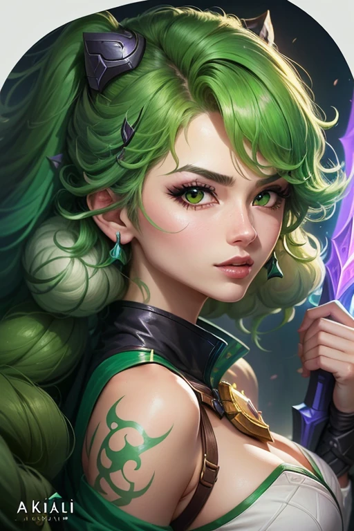((best qualityer)), ((work of art)), (detailded), woman with green hair, holding an epée, (Artgerm inspired:1.2), (winner of the pixiv contest:1.1), (octopus goddess:1.3), (Frenetic art style:1.2), retrato em close, goddess skull, (Senna de League of Legends:1.1), (Tatsumaki with curly green hair:1.2), card game illustration, thick brush, HD Anime Wallpaper, (akali from league of legends:1.1), 8k resolution
