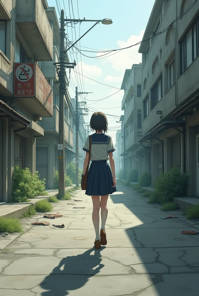An image with a girl from behind, with a background of a destroyed city, already completely destroyed with weeds everywhere, blood on the walls of the houses and on the floor.