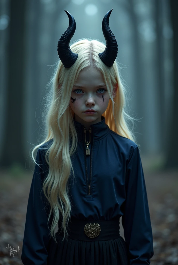 Teenager, red horns, black eyes, imposing face, blond hair, with black cloak with hood on his head