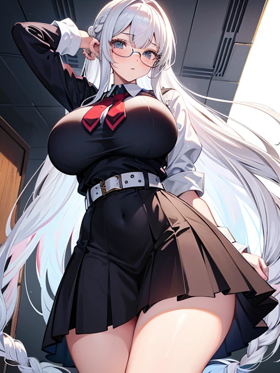 1girl, white hair, long hair, teacher, dark skin, dark-skinned female, white shirt, shirt, glasses, red glasses, yellow eyes, pencil skirt, skirt, mature female, pantyhose, black pantyhose, huge breasts, thick thighs, smile, smirk, smug