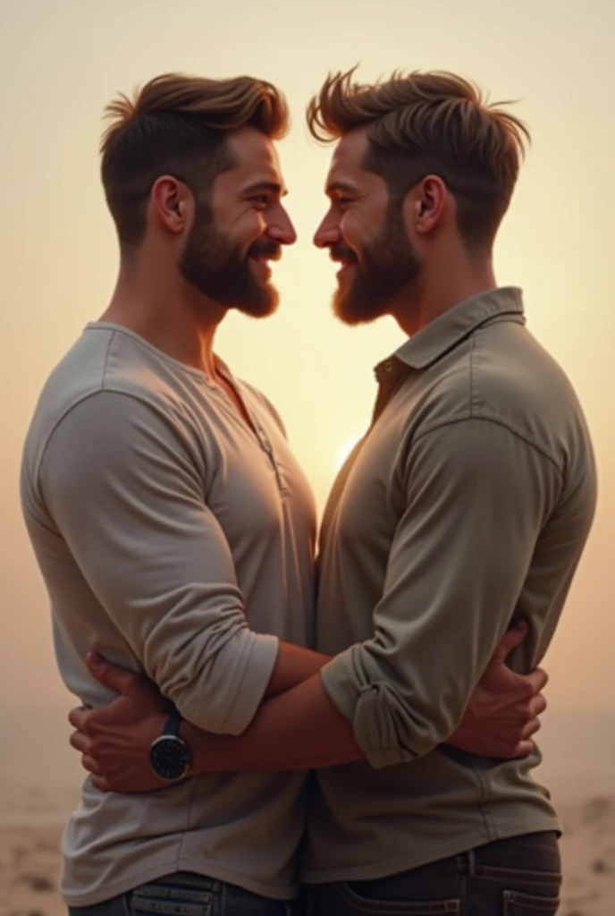 Portrait of a passionate kiss between two lumberjack-style men, wearing plaid shirts, lumberjack barbistyle, short hair machine-cut military style, very romantic scene at sunset. Extremely realistic scene, portrait made with dlsr camera with 50mm lens, dramatic lighting
