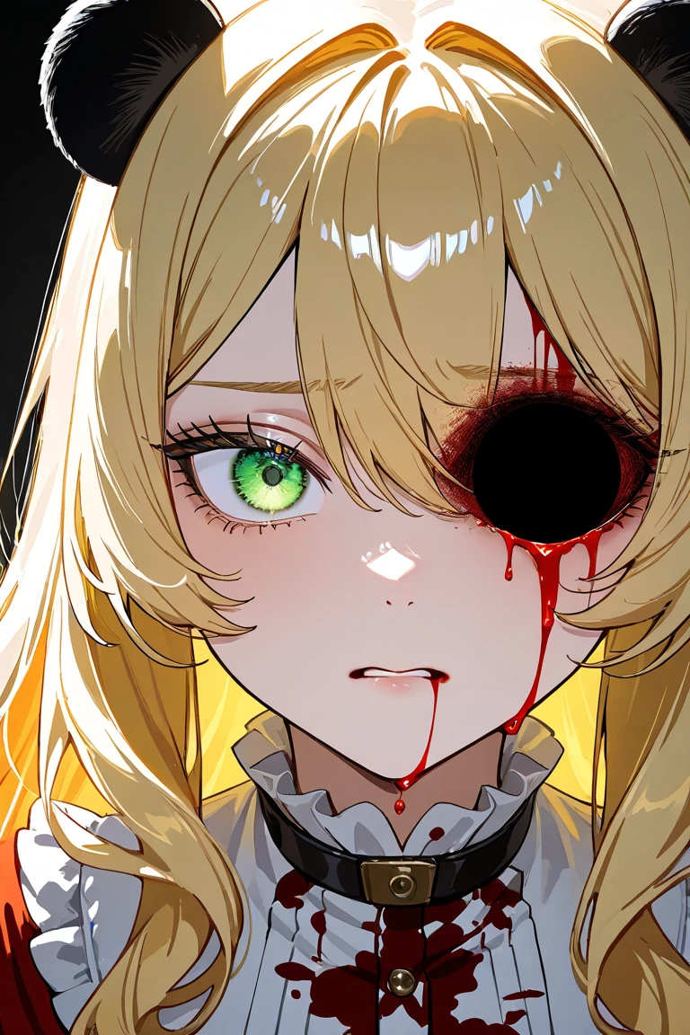 One, Blonde girl, scratched eye,  Bloody Eyes, Blind Eye, Filmography, Brown eyes, Scary face, Horror, despair, scratch, There is blood on the face, look up, masterpiece, Highest quality, Dark Background, night