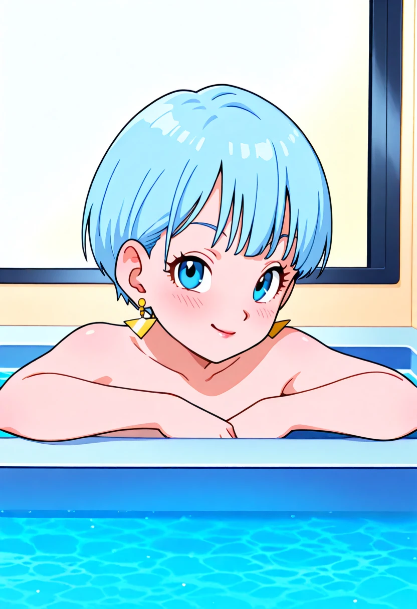 lying down, inside a hot tub with water, bubbles , blushed face, seductive look .short hair,  light blue hair , earrings , blue eyes, flat chest, stuck in water.
